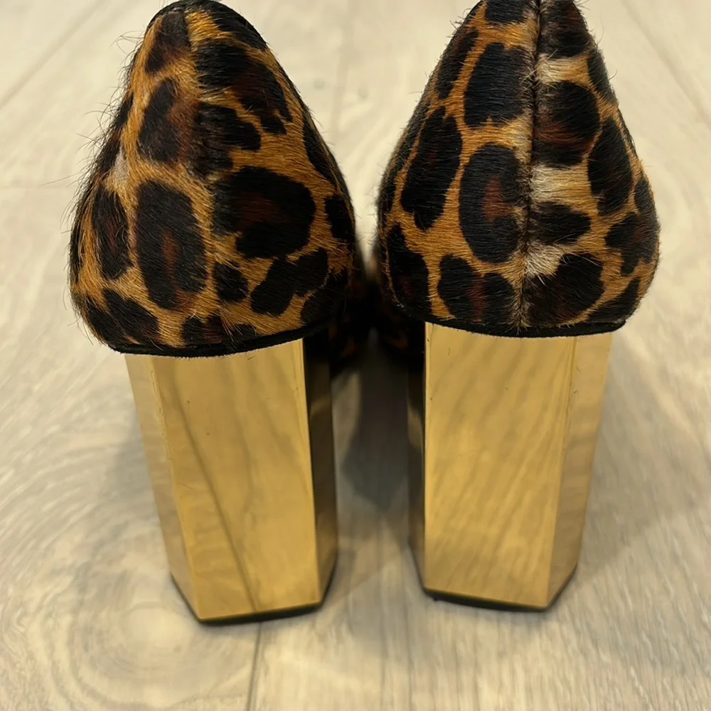 Tory Burch Leopard Print Pony Hair Pumps with Gold Block Heel